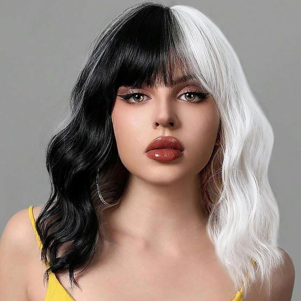 Women's Black White 14 Inches Short Pastel Curly Shoulder Length Synthetic Wig